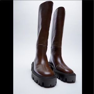 Zara Brown Low Heeled Leather Tall Boots